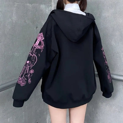 Black Skull Sword Print Zip Up Hoodie