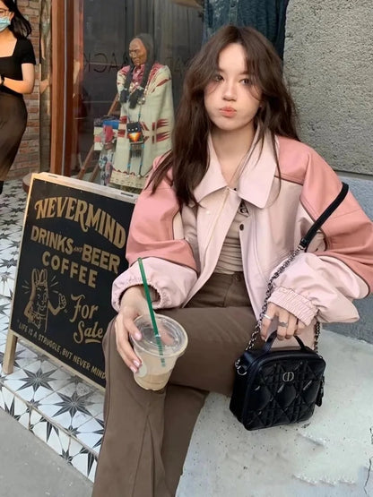Pink Faux PU Leather Zup Up Cropped Jacket