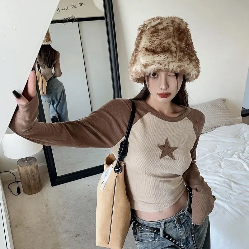 Brown Star Patchwork Long Sleeve T-shirt