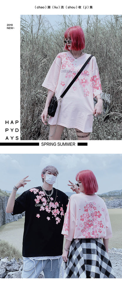 Cute Cherry Blossom Sakura Flower Graphic Print Oversized Short Sleeve Tee Shirt T-shirt Unisex Top E-Girl Kawaii Korean Japanese Harajuku Streetwear
