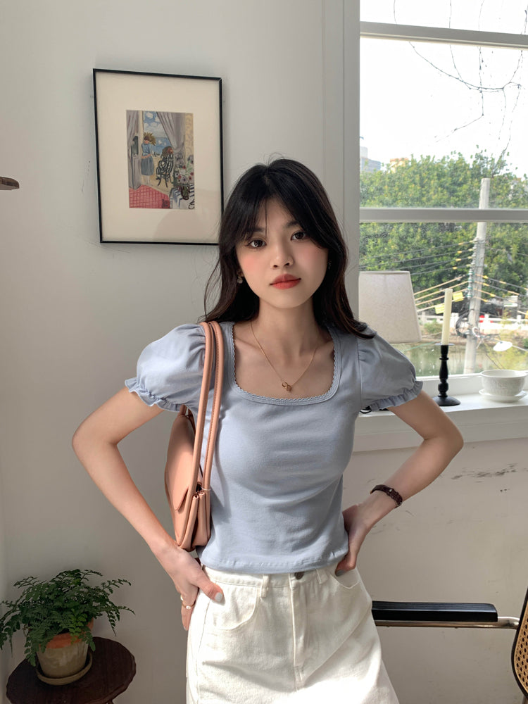 Blue Puff Sleeve Square Collar Top