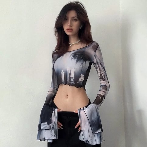 Y2K Punk Print Flare Long Sleeve Top