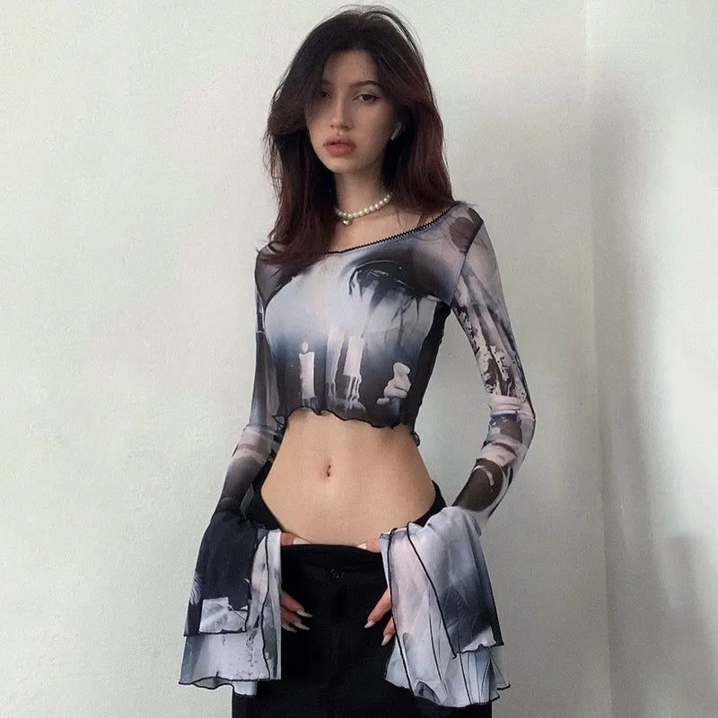 Y2K Punk Print Flare Long Sleeve Top