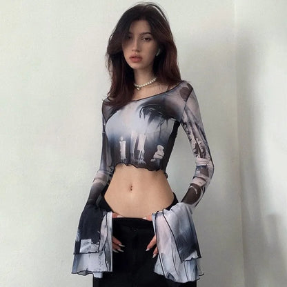 Y2K Punk Print Flare Long Sleeve Top