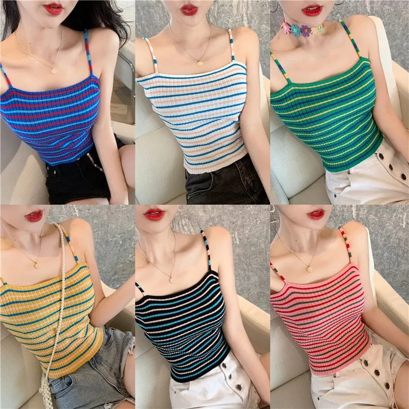 Cute Stripe Knit Cropped Tank Top Spaghetti Strap Camisole Sleeveless Shirt T-shirt Top E-Girl Kawaii Korean Japanese Harajuku Streetwear