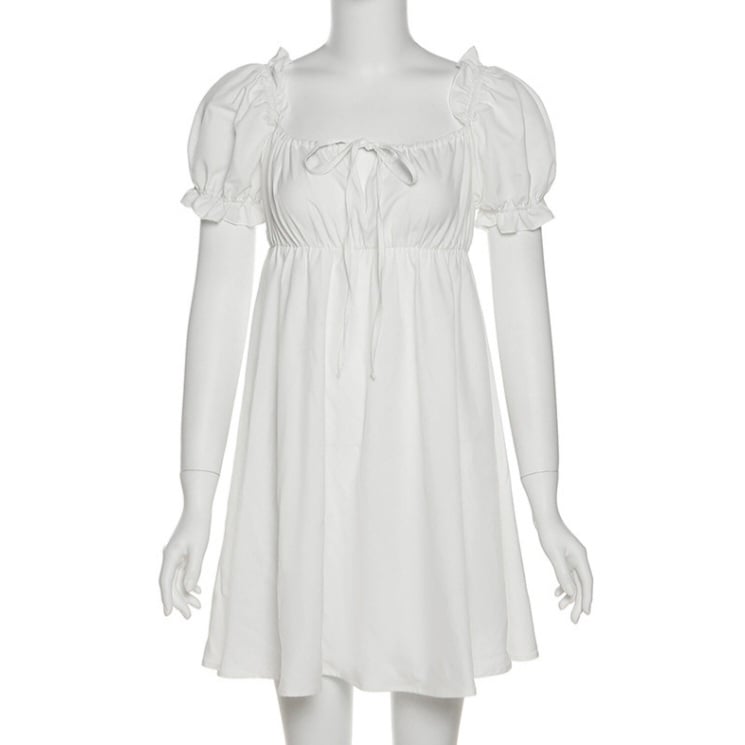 White Puff Sleeve Ruffle Trim Mini Dress