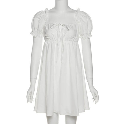 White Puff Sleeve Ruffle Trim Mini Dress