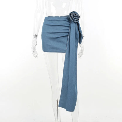 Blue Denim Rose Long Tail Skirt