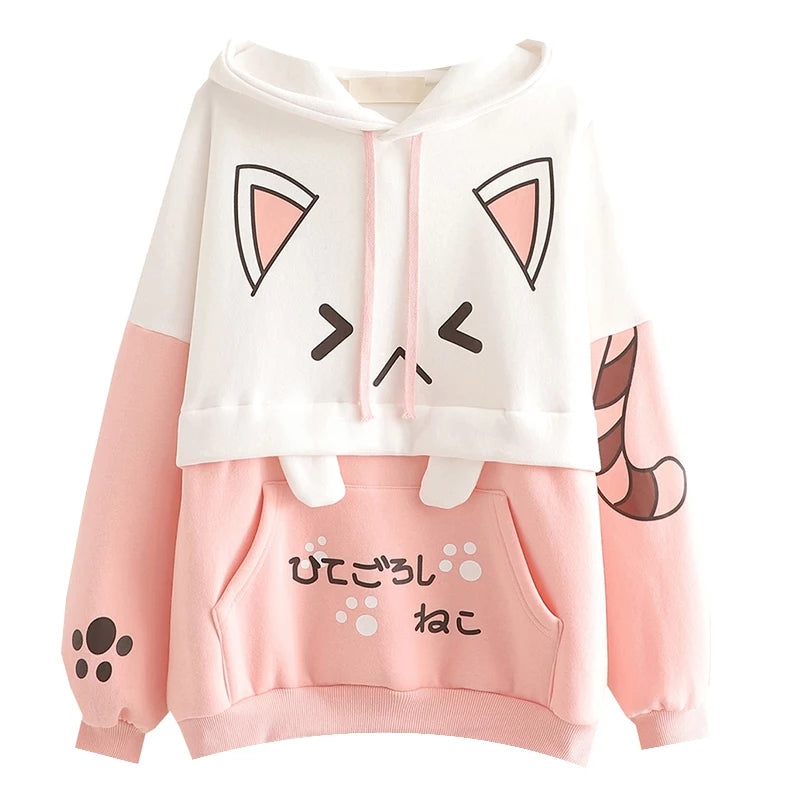 Cute Cat Kitten Ear Cartoon Print Funny Hoodie Long Sleeve Pullover Sweatshirt Aesthetic Casual E-Girl Kawaii Korean Japanese Harajuku