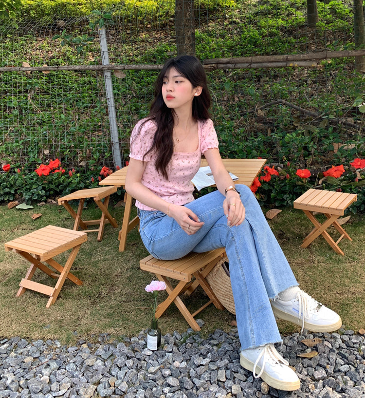 Pink Floral Puff Sleeve Square Collar Top