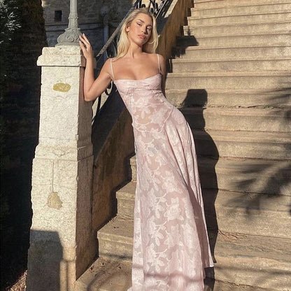 Pink Floral Patchwork Spaghetti Strap Maxi Dress