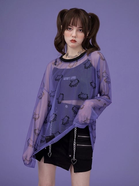 Transparent Mesh Heart Long Sleeve Shirt