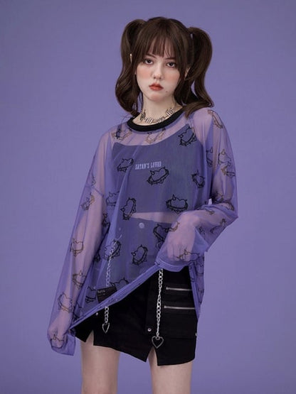 Transparent Mesh Heart Long Sleeve Shirt