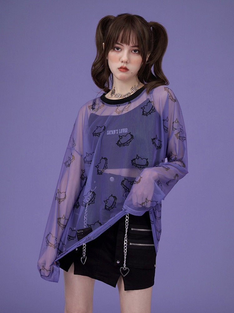 Transparent Mesh Heart Long Sleeve Shirt