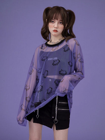 Transparent Mesh Heart Long Sleeve Shirt