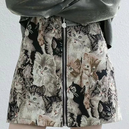Vintage Cat Print Mini Skirt