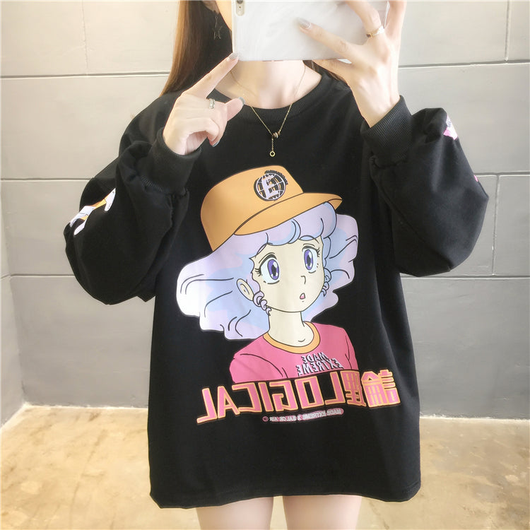 Purple Anime Girl Cartoon Print Sweatshirt Causal Long Sleeve Shirt Casual Oversized Loose Sweater E-Girl Kawaii Korean Japanese Harajuku Streetwear