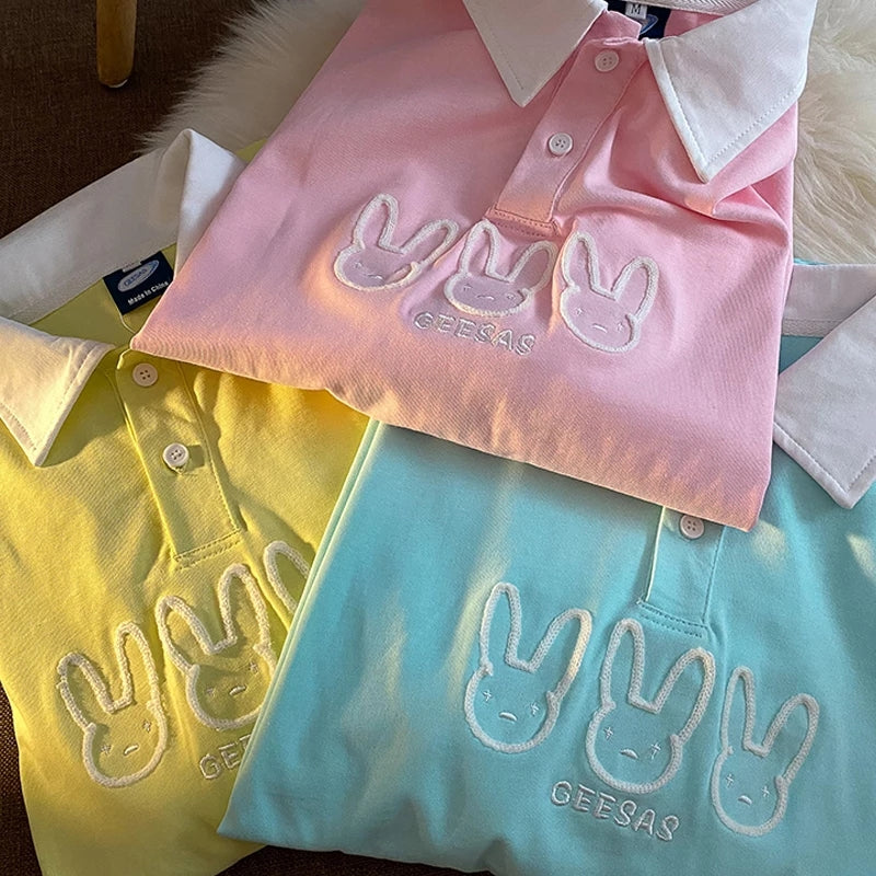 Cute Pastel Bunny Rabbit Embroidery Polo Short Sleeve T- Shirt Top Aesthetic Casual Summer E-Girl Kawaii Korean Japanese Harajuku
