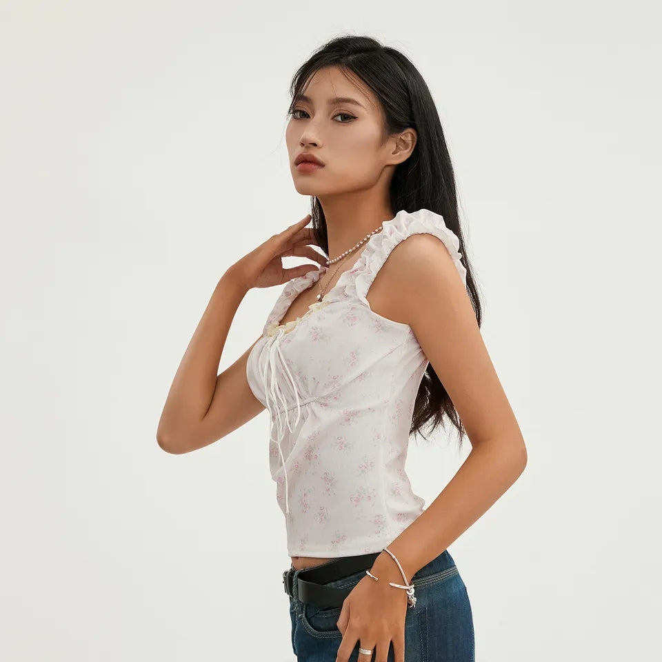 Blue Floral Lace Cottage Tank Top