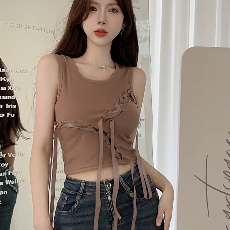 Brown Bow Tie Hollow Out Tank Top