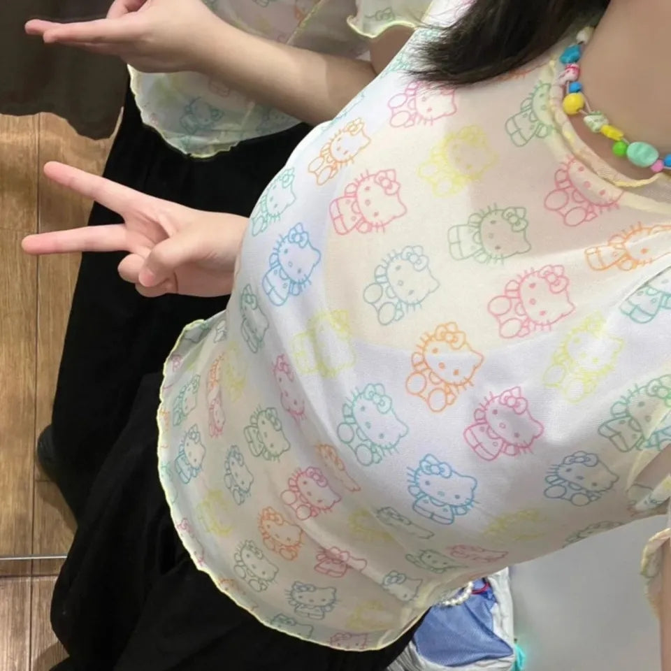 Japanese Cat Rainbow Transparent Mesh Top