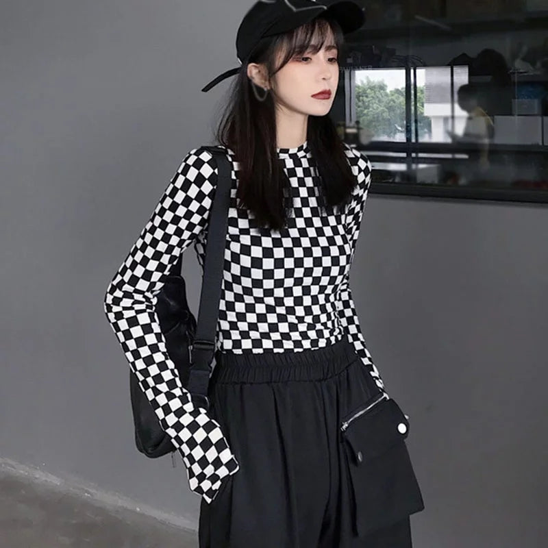 Cute Black White Checkerboard Plaid Long Sleeve Shirt Top Punk Goth Aesthetic Casual E-Girl Kawaii Korean Japanese Harajuku