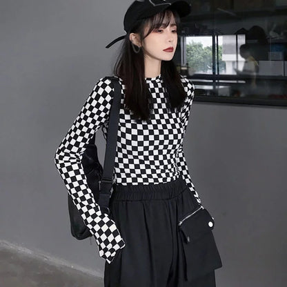 Cute Black White Checkerboard Plaid Long Sleeve Shirt Top Punk Goth Aesthetic Casual E-Girl Kawaii Korean Japanese Harajuku
