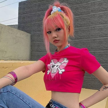 Cute Pink Love Heart Skull Print Short Sleeve T-shirt Crop Top Summer Casual Goth Punk E-Girl Kawaii Korean Japanese Harajuku Streetwear