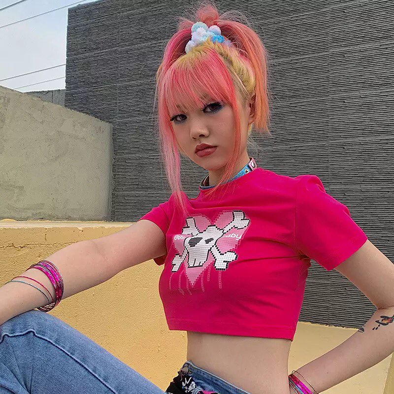 Cute Pink Love Heart Skull Print Short Sleeve T-shirt Crop Top Summer Casual Goth Punk E-Girl Kawaii Korean Japanese Harajuku Streetwear