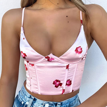 Cute Satin Flower Corset Crop Top Strapless Sleeveless Tube Top Bustier Summer Aesthetic Casual E-Girl Kawaii Korean Japanese Harajuku