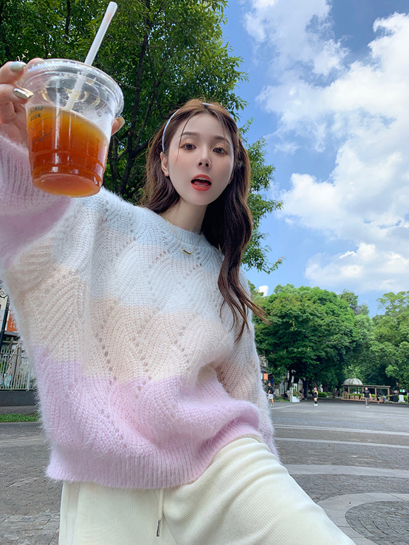 Pink Ombre Hollow Out Sweater