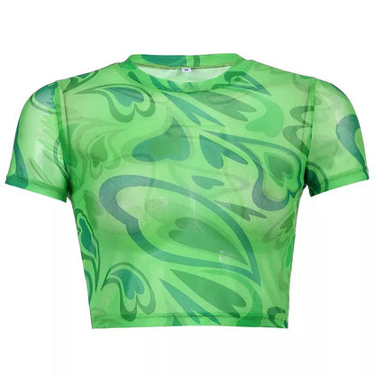 Green Heart Print Transparent Mesh Sheer Crop Top Short Sleeve Shirt Summer Aesthetic Casual E-Girl Kawaii Korean Japanese Harajuku