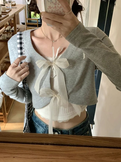 2PCS Bow Cropped Cardigan