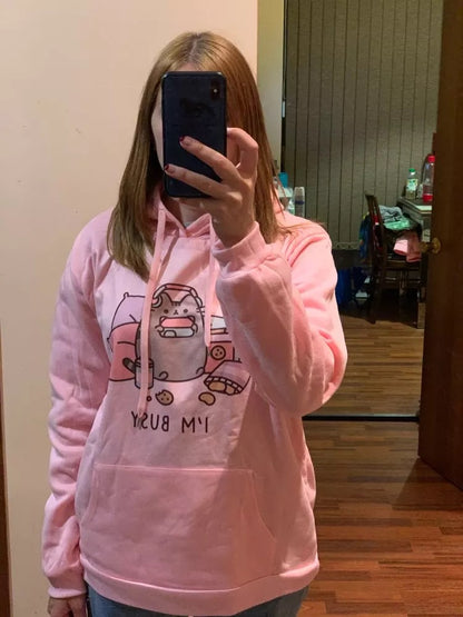 Cute Cat Game Pink Oversized Cartoon Print Casual Sweatshirt Hoodie Pullover E-Girl Kawaii Korean Japanese Harajuku Retro Streetwear Aesthetic