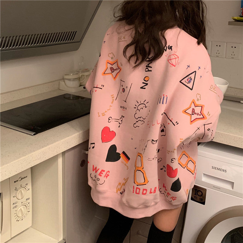 Cute Pastel Print Oversized Sweater Hoodie Pullover Korean Japanese Harajuku Chinese Retro Streetwear Aesthetic Fashion