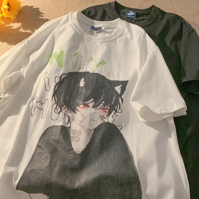Cute Anime Boy Cat Ears Cartoon Graphic Print Oversize Short Sleeve Shirt Summer Aesthetic Casual E-Girl Kawaii Korean Japanese Harajuku