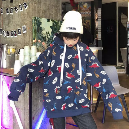 Funny Dinosaur Cartoon Print Vintage Baggy Oversized Loose Hoodie Pullover Sweater Sweatshirt Jumper E-Girl Kawaii Korean Japanese Harajuku Streetwear