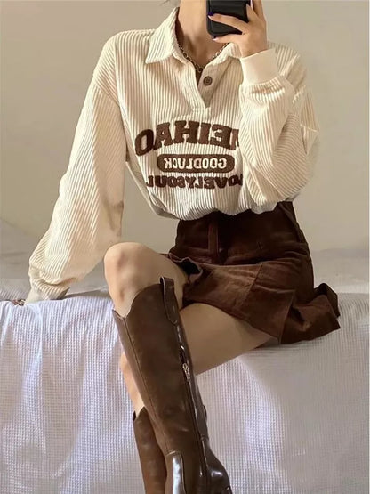 Beige Embroidery Polo Collar Embroidery Oversized Long Sleeve Shirt