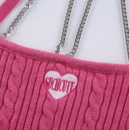 90s Pink Chain Knit Halter Crop Top Backless Tank Sleeveless Shirt Summer Aesthetic Casual E-Girl Kawaii Korean Japanese Harajuku