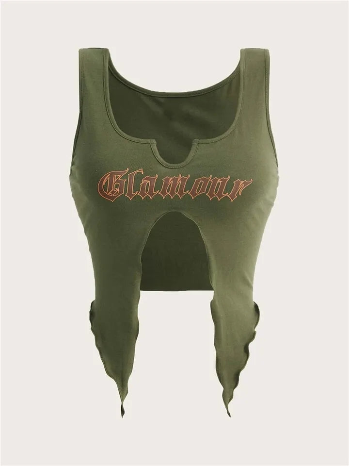 Green Graphic Print Cut Out Tank Top