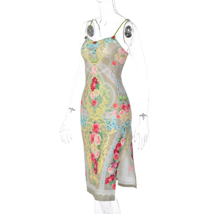 Floral Print Split Sleeveless Midi Dress