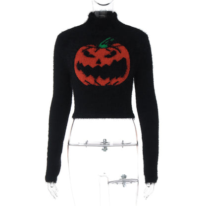 Black Fluffy Pumpkin Turtleneck Sweater