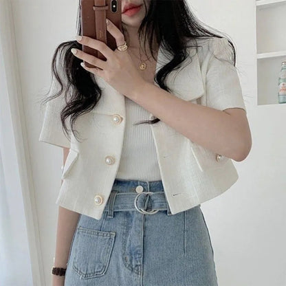 White Pearl Button Tweed Short Sleeve Blouse