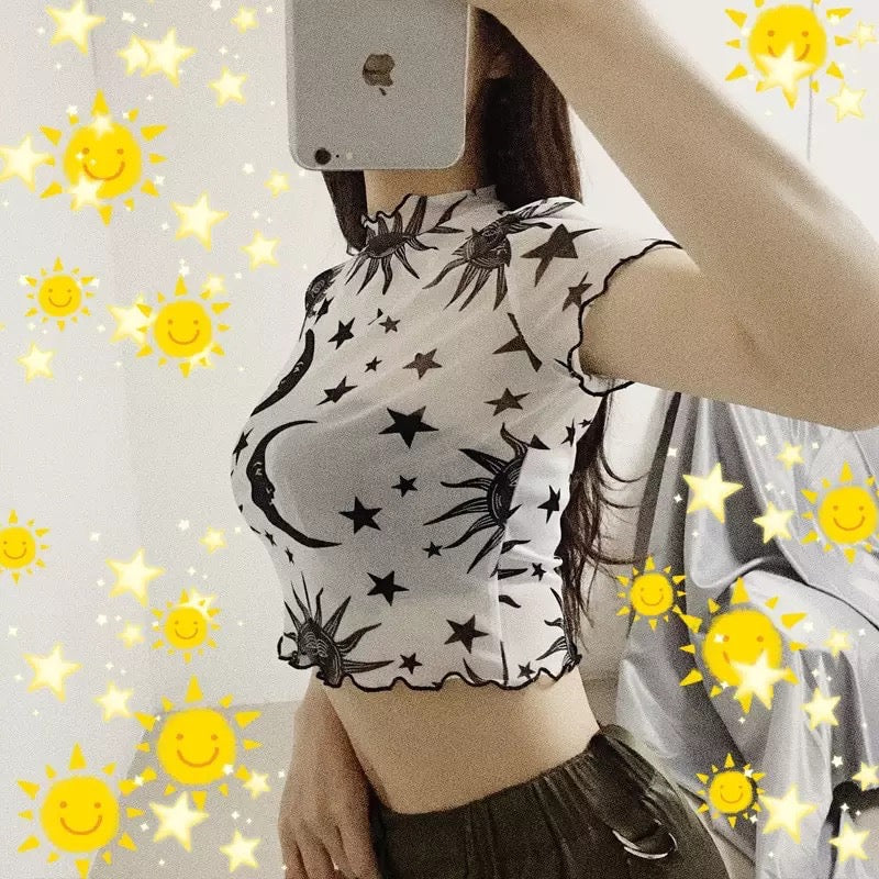 Sexy Goth Grunge Star Moon Celestial Print Ruffle Mesh Transparent Crop Top Short Sleeve Tee Shirt E-Girl Kawaii Korean Japanese Harajuku Streetwear