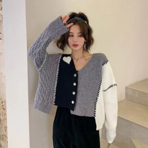 Grey Heart V Neck Patchwork Cardigan