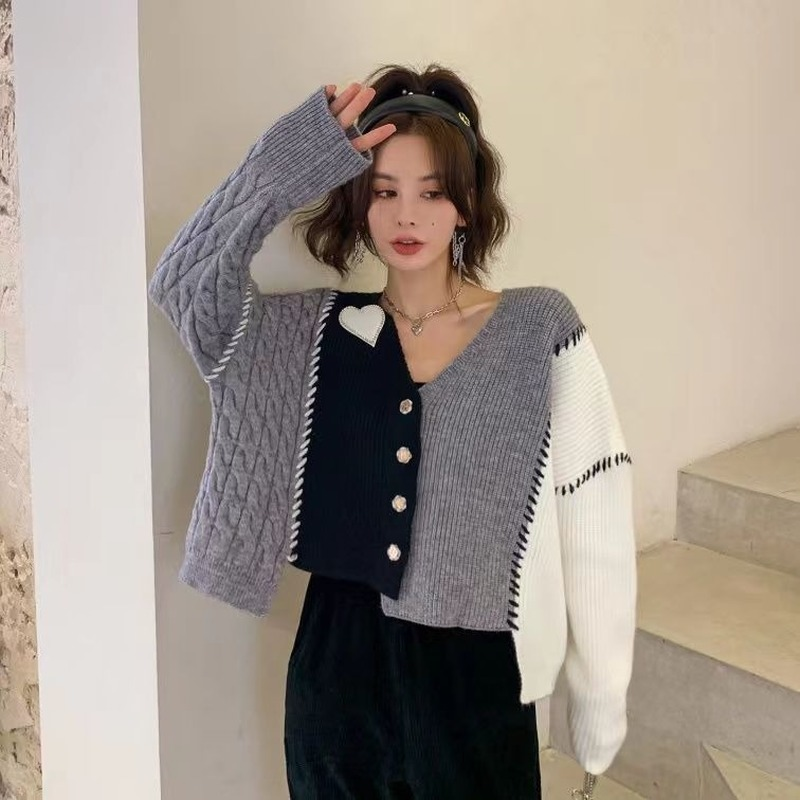 Grey Heart V Neck Patchwork Cardigan