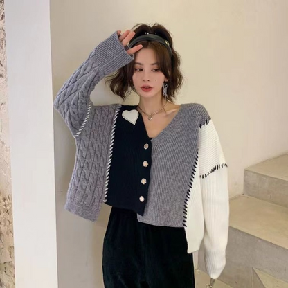Grey Heart V Neck Patchwork Cardigan