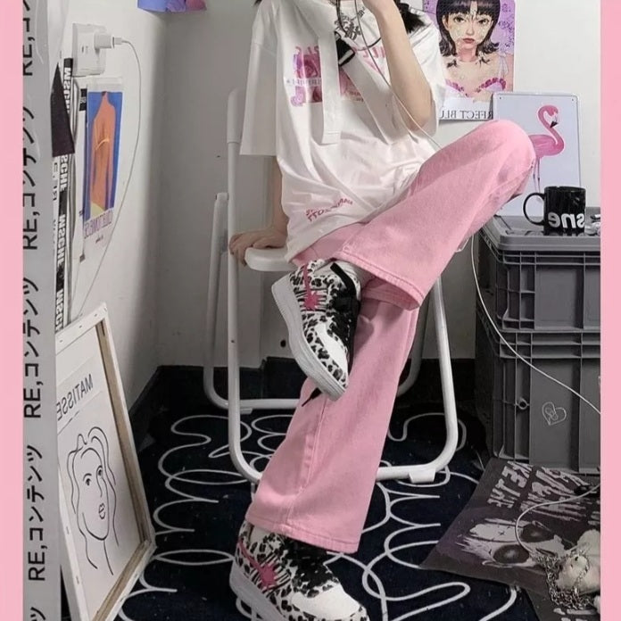 Cute Pink Baggy Oversized Loose Low Rise Wide Leg Denim Pants Trousers Aesthetic Casual Summer E-Girl Kawaii Korean Japanese Harajuku