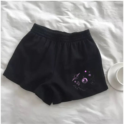 Cute Black White Sky Star Moon Planet Embroidery Casual Sport Shorts Cycling Running Gym High Waist E-Girl Kawaii Korean Japanese Harajuku Streetwear