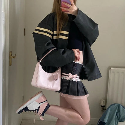 Pink Bow Stripe Fold Lace Up High Waist Skirt